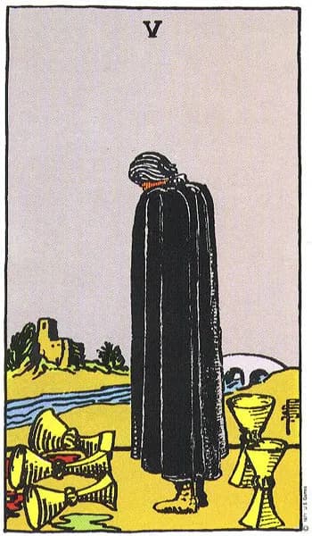 Rider-Waite tarot card: Five of Cups (Five of cups)