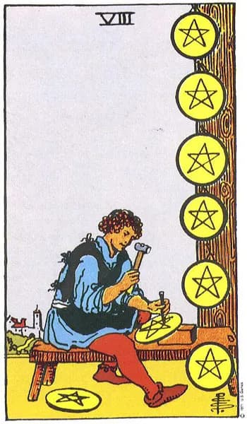 Rider-Waite tarot card: Eight of Pentacles (Eight of pentacles)