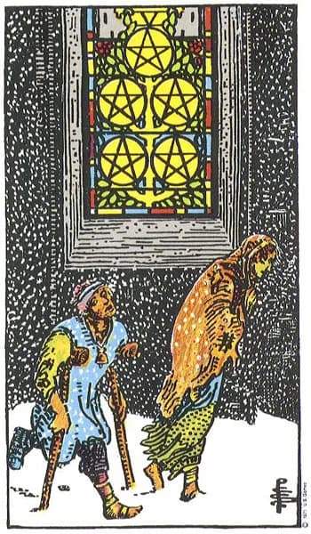 Rider-Waite tarot card: Five of Pentacles (Five of pentacles)