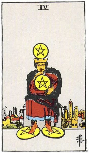 Rider-Waite tarot card: Four of Pentacles (Four of pentacles)