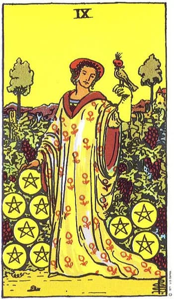 Rider-Waite tarot card: Nine of Pentacles (Nine of pentacles)