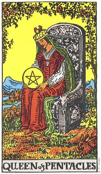 Rider-Waite tarot card: Queen of Pentacles (Queen of pentacles)