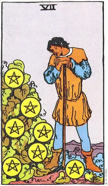 Rider-Waite tarot card: Seven of Pentacles (Seven of pentacles)