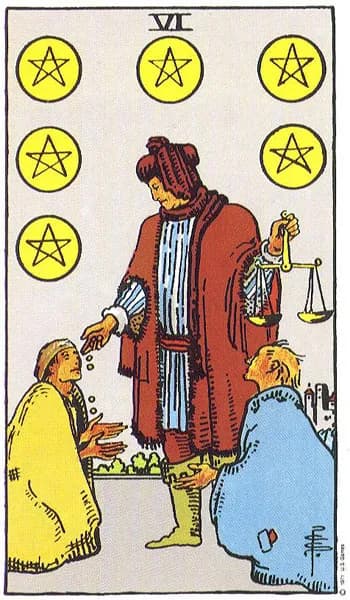 Rider-Waite tarot card: Six of Pentacles (Six of pentacles)