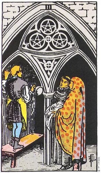 Rider-Waite tarot card: Three of Pentacles (Three of pentacles)