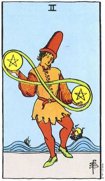 Rider-Waite tarot card: Two of Pentacles (Two of pentacles)