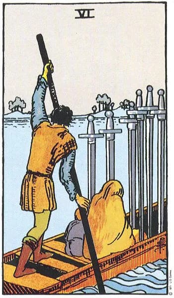 Rider-Waite tarot card: Six of Swords (Six of swords)