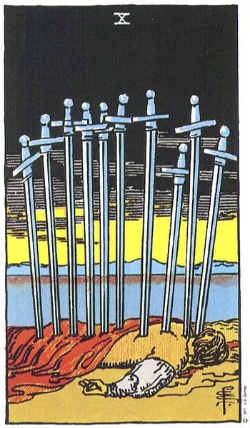 Rider-Waite tarot card: Ten of Swords (Ten of swords)