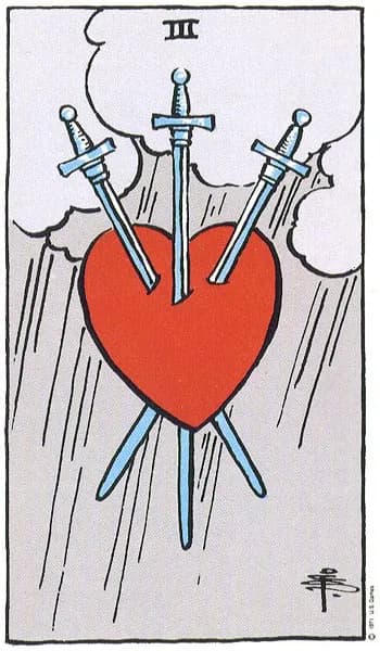 Rider-Waite tarot card: Three of Swords (Three of swords)