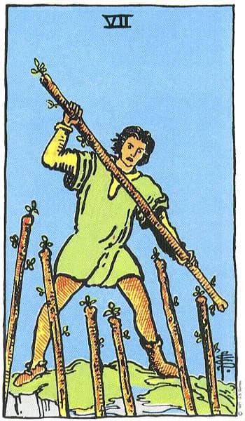 Rider-Waite tarot card: Seven of Wands (Seven of wands)