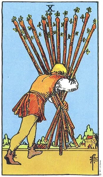 Rider-Waite tarot card: Ten of Wands (Ten of wands)