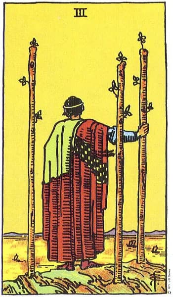 Rider-Waite tarot card: Three of Wands (Three of wands)